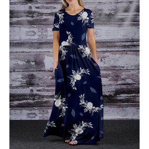 NWT Pocketed Blue & White Floral Maxi Dress
